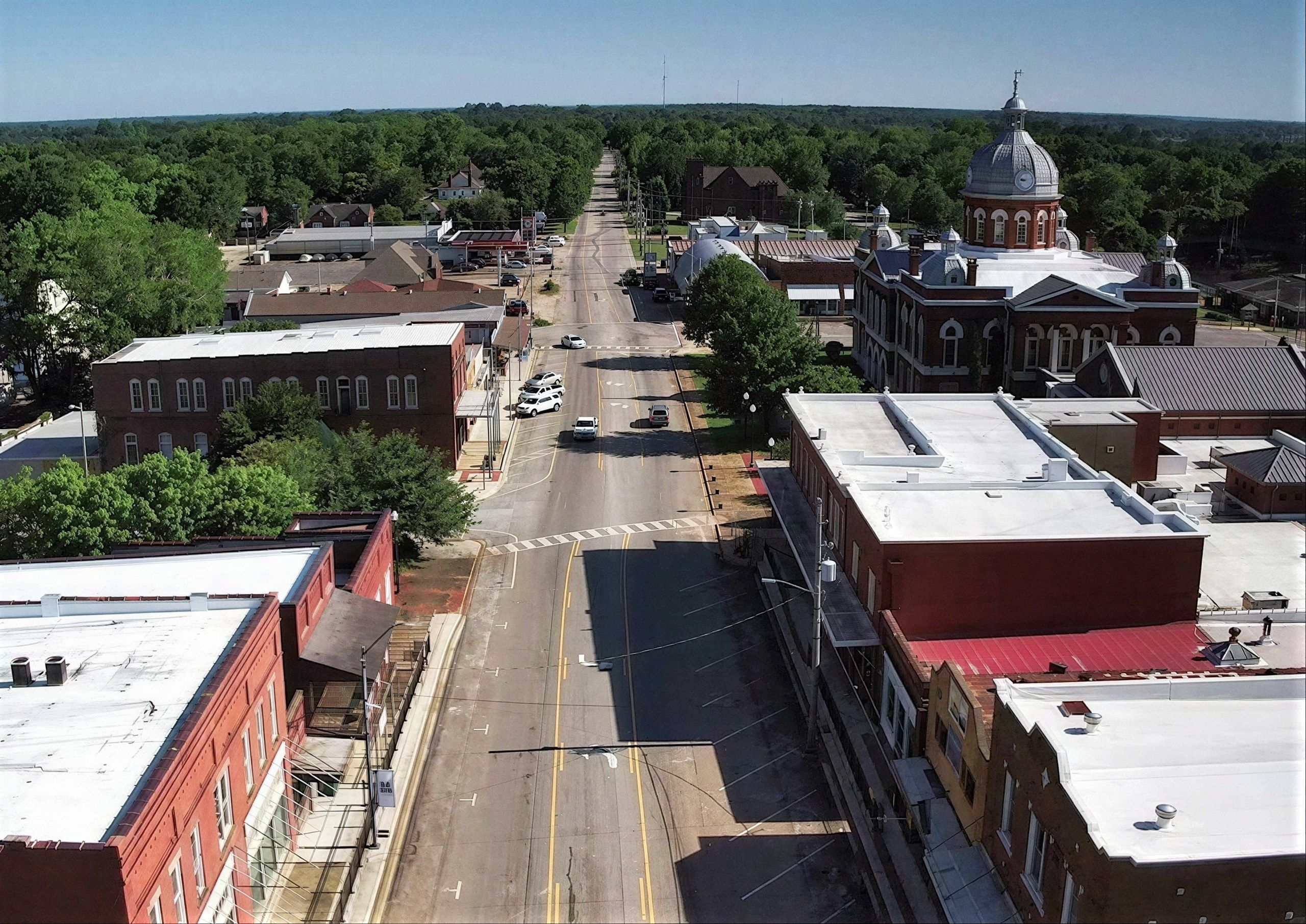 Aerial view of downtown LaFayette, AL and the Chambers County Courthouse